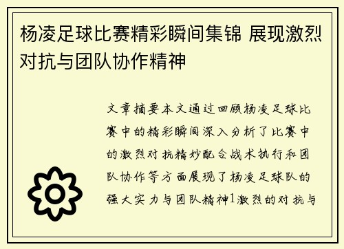 杨凌足球比赛精彩瞬间集锦 展现激烈对抗与团队协作精神