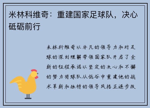 米林科维奇：重建国家足球队，决心砥砺前行
