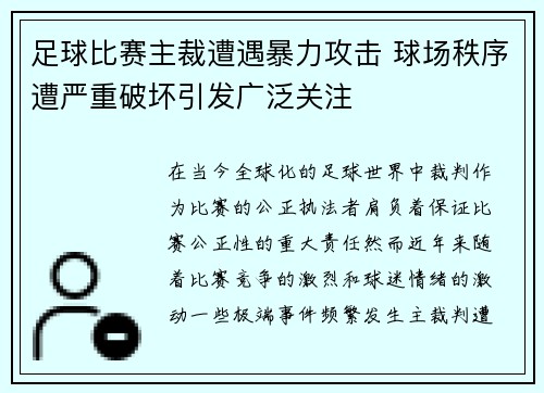 足球比赛主裁遭遇暴力攻击 球场秩序遭严重破坏引发广泛关注