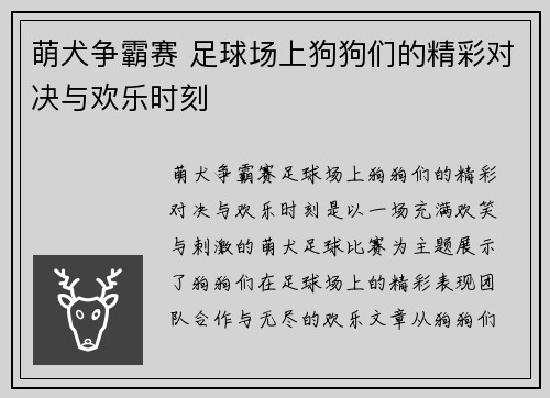 萌犬争霸赛 足球场上狗狗们的精彩对决与欢乐时刻