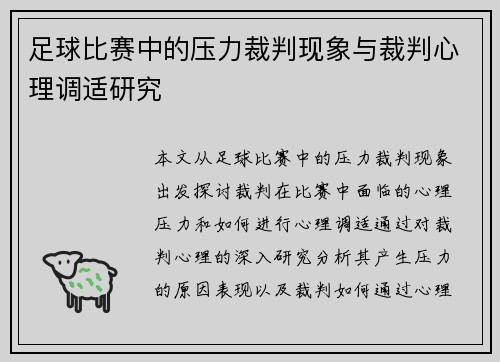 足球比赛中的压力裁判现象与裁判心理调适研究