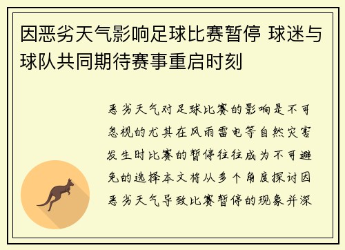 因恶劣天气影响足球比赛暂停 球迷与球队共同期待赛事重启时刻