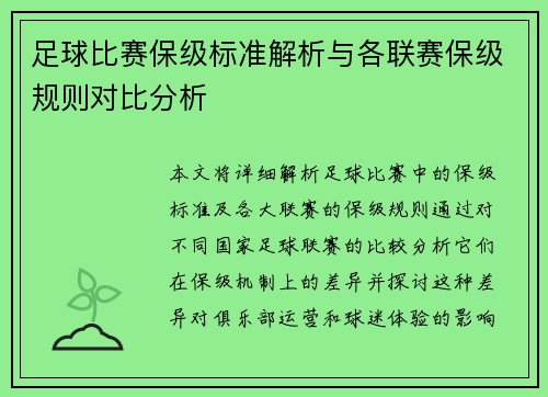 足球比赛保级标准解析与各联赛保级规则对比分析