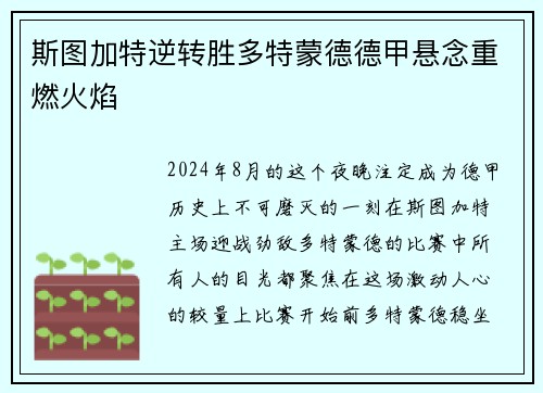 斯图加特逆转胜多特蒙德德甲悬念重燃火焰