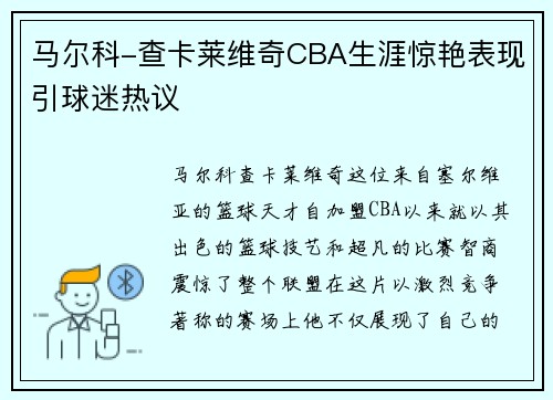 马尔科-查卡莱维奇CBA生涯惊艳表现引球迷热议