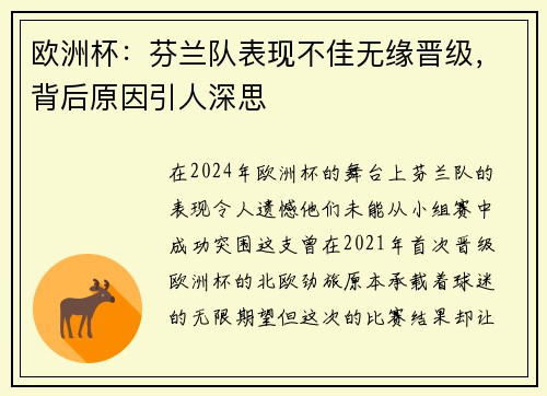 欧洲杯：芬兰队表现不佳无缘晋级，背后原因引人深思