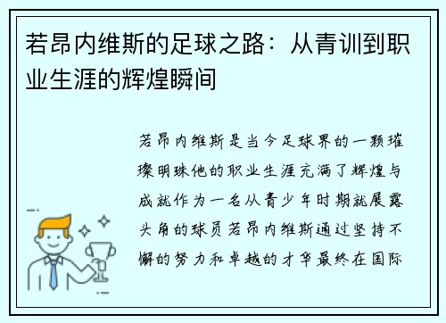 若昂内维斯的足球之路：从青训到职业生涯的辉煌瞬间