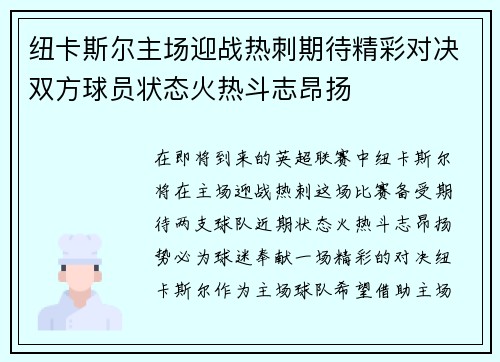 纽卡斯尔主场迎战热刺期待精彩对决双方球员状态火热斗志昂扬