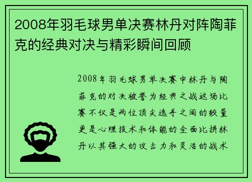 2008年羽毛球男单决赛林丹对阵陶菲克的经典对决与精彩瞬间回顾