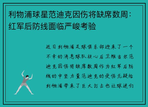 利物浦球星范迪克因伤将缺席数周：红军后防线面临严峻考验