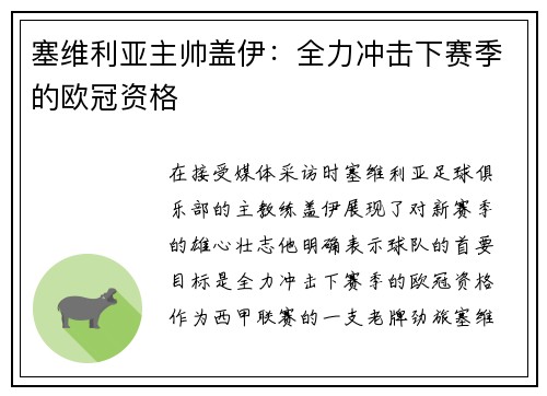 塞维利亚主帅盖伊：全力冲击下赛季的欧冠资格